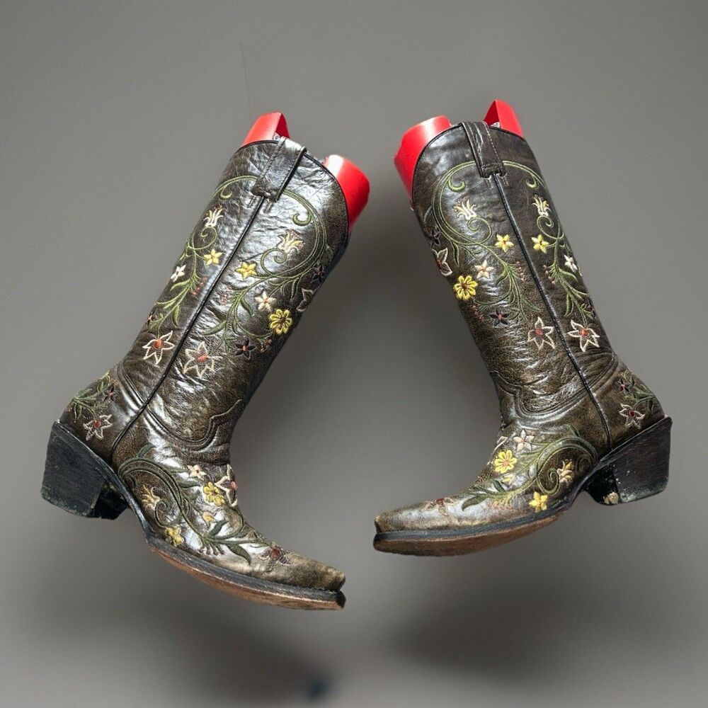 Womens Stetson Floral Embroidered Western Cowgirl Boot Crackle Distressed 6.5